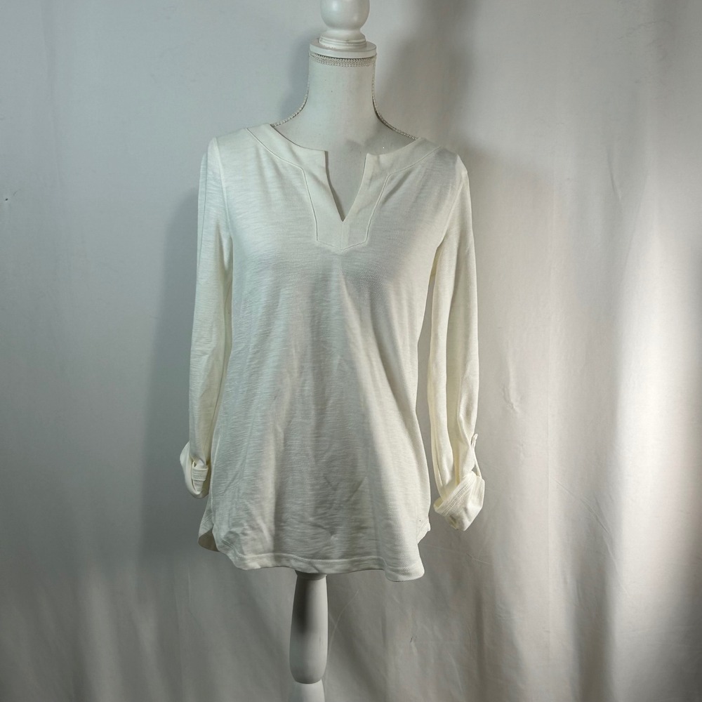 Talbots Womens White V Neck Split Neck Long Sleeve Roll Tab Casual Shirt XS